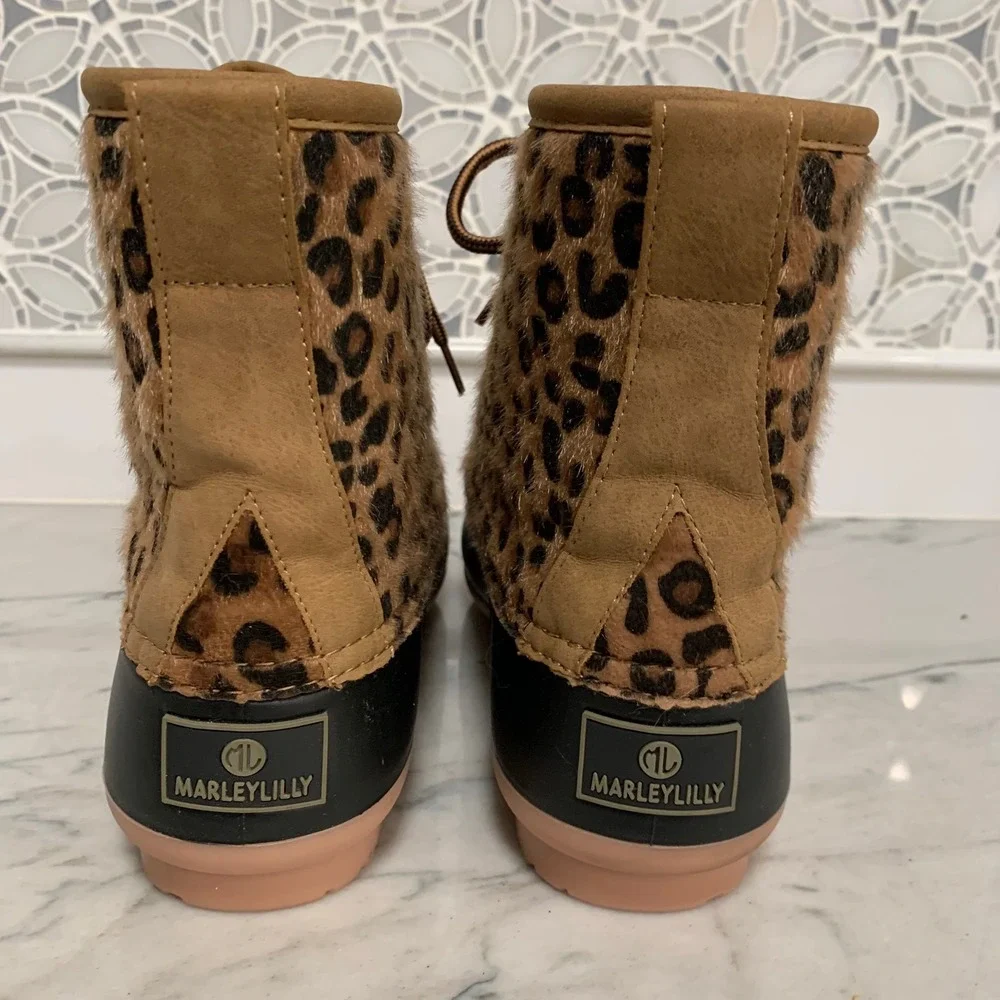Marleylilly Women's Leopard‎ Print Duck Boots Waterproof Faux Fur Size 8